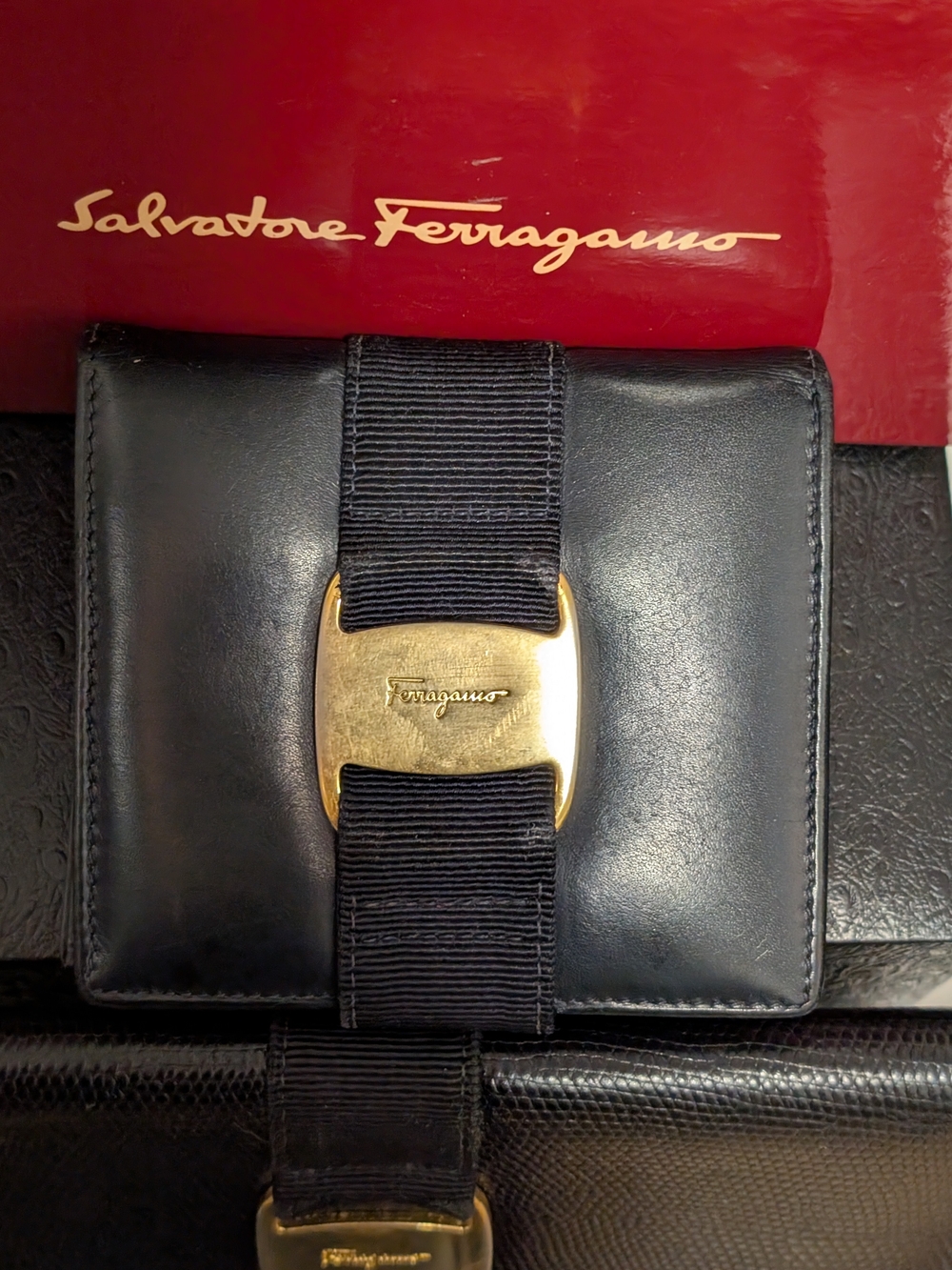 Salvatore Ferragamo Black Leather Wallet with Gold Gancini Accent